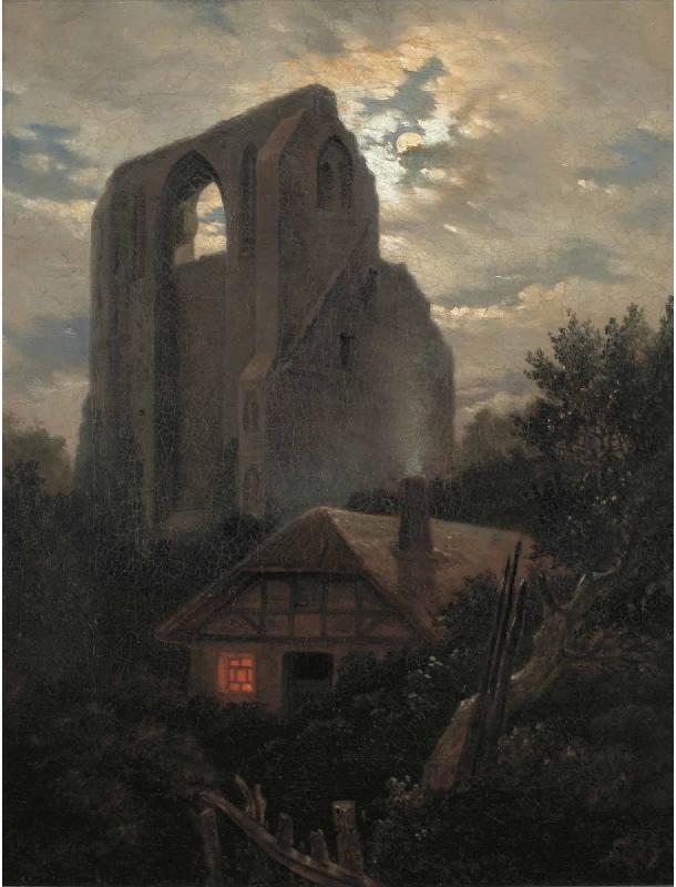 Carl Gustav Carus Ruine Eldena mit Hutte bei Greifswald im Mondschein oil painting image